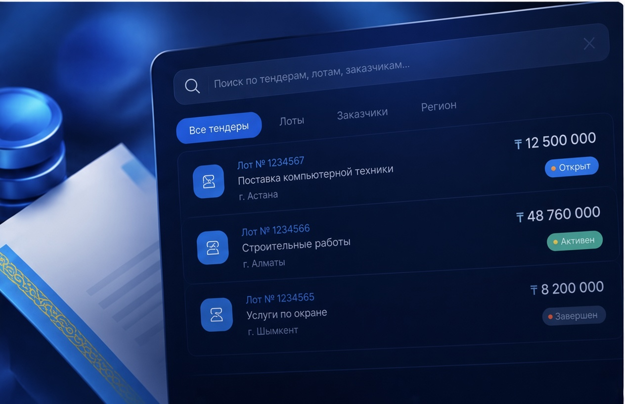 Интерфейс Ten.AI: поиск по тендерам, лотам и заказчикам с суммами и статусами